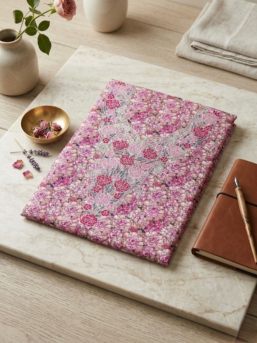 4e4efba6-2dd1-4e46-8231-8495adceecf4 قماش كريب ناعم مزخرف بالكامل بنقشة ورود باللون الوردي، مزين بالفصوص - الصورة 1